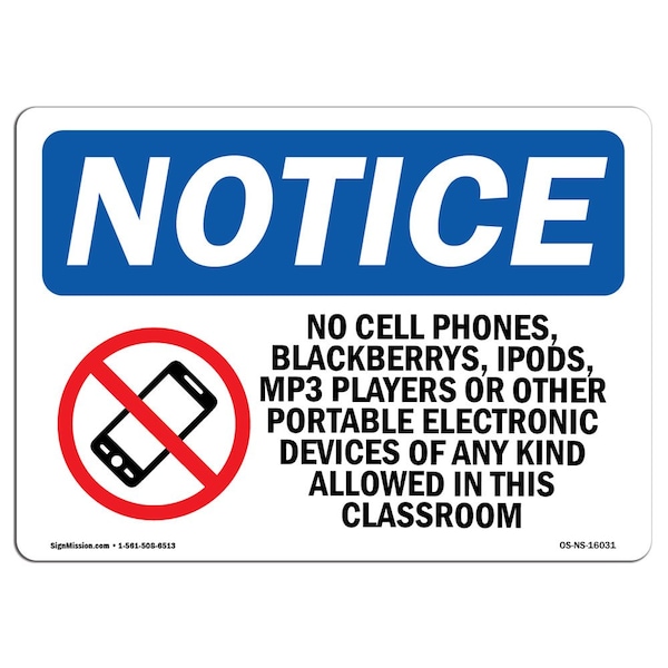 Sign, 3.5" H, No Cell Phones Allowed In Classroom Sign, Landscape, NS-D-35-L-16031-10PK